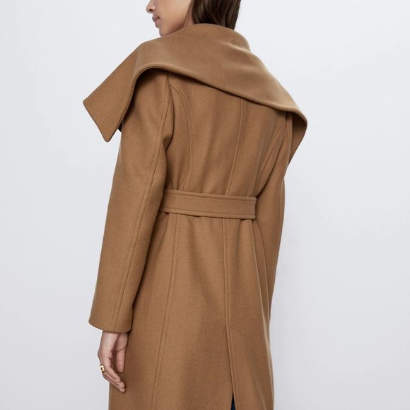 Zara Camel Wool Coat with Wrap Collar - Picture 2 of 10